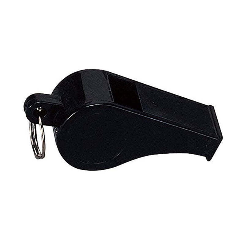 A black plastic whistle with a silver metal keyring attached, shown on a plain white background.