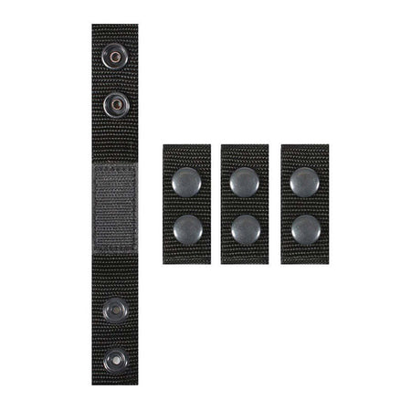 Black strap with metal buttons and three black fabric patches with metal buttons on a white background