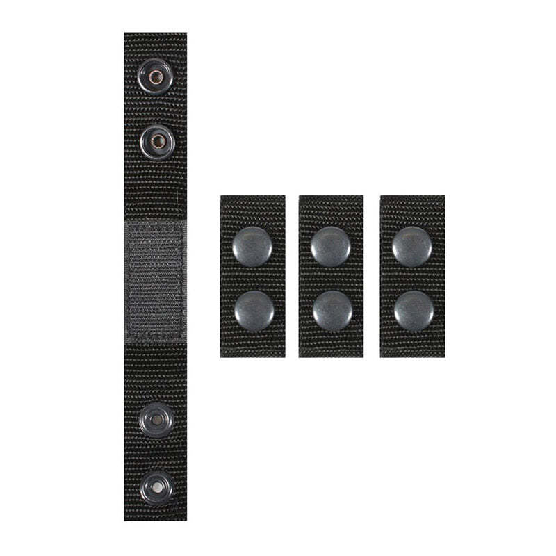 Black strap with metal buttons and three black fabric patches with metal buttons on a white background