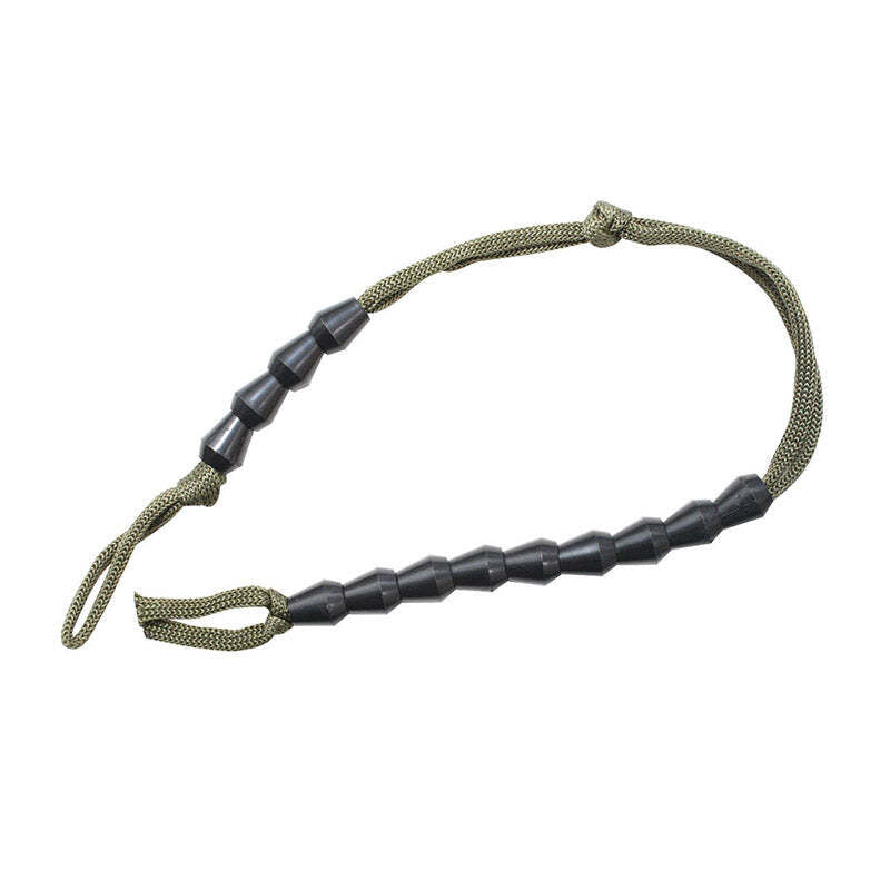 An olive green braided rope wrist strap with black textured cylindrical beads, shown on a plain white background.