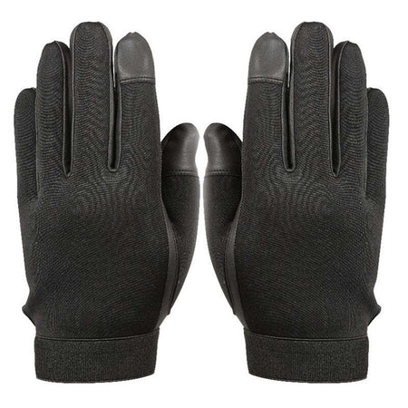 A pair of black touchscreen-compatible gloves shown flat against a solid white background.