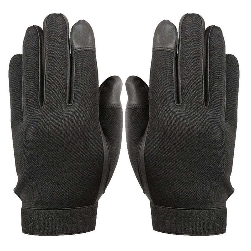 A pair of black touchscreen-compatible gloves shown flat against a solid white background.