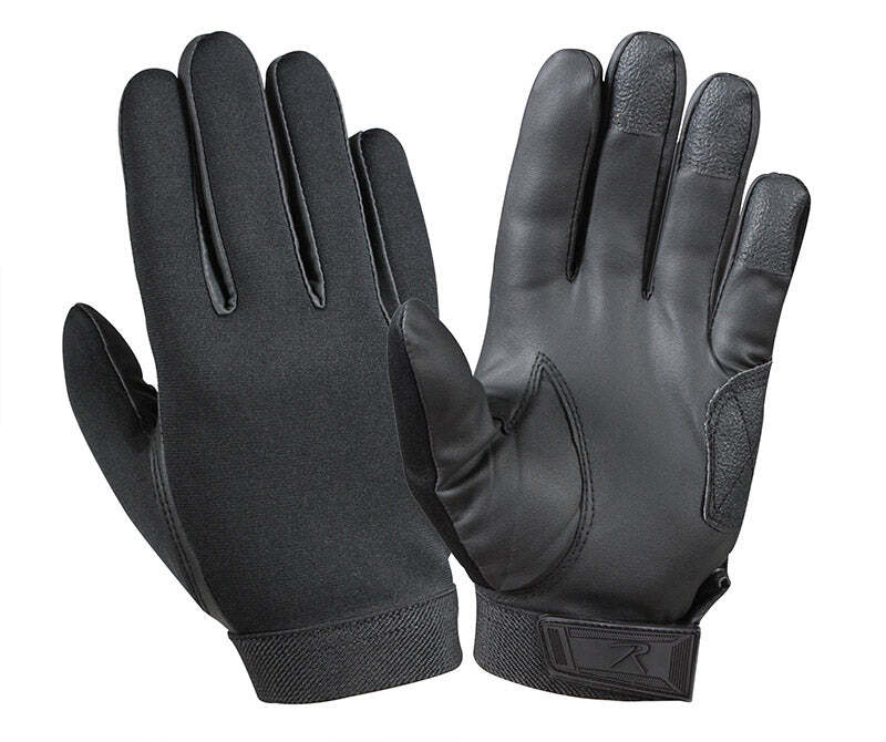 A pair of black leather and synthetic-fabric gloves shown against a plain white background, displaying both the back of one glove and the palm of the other.