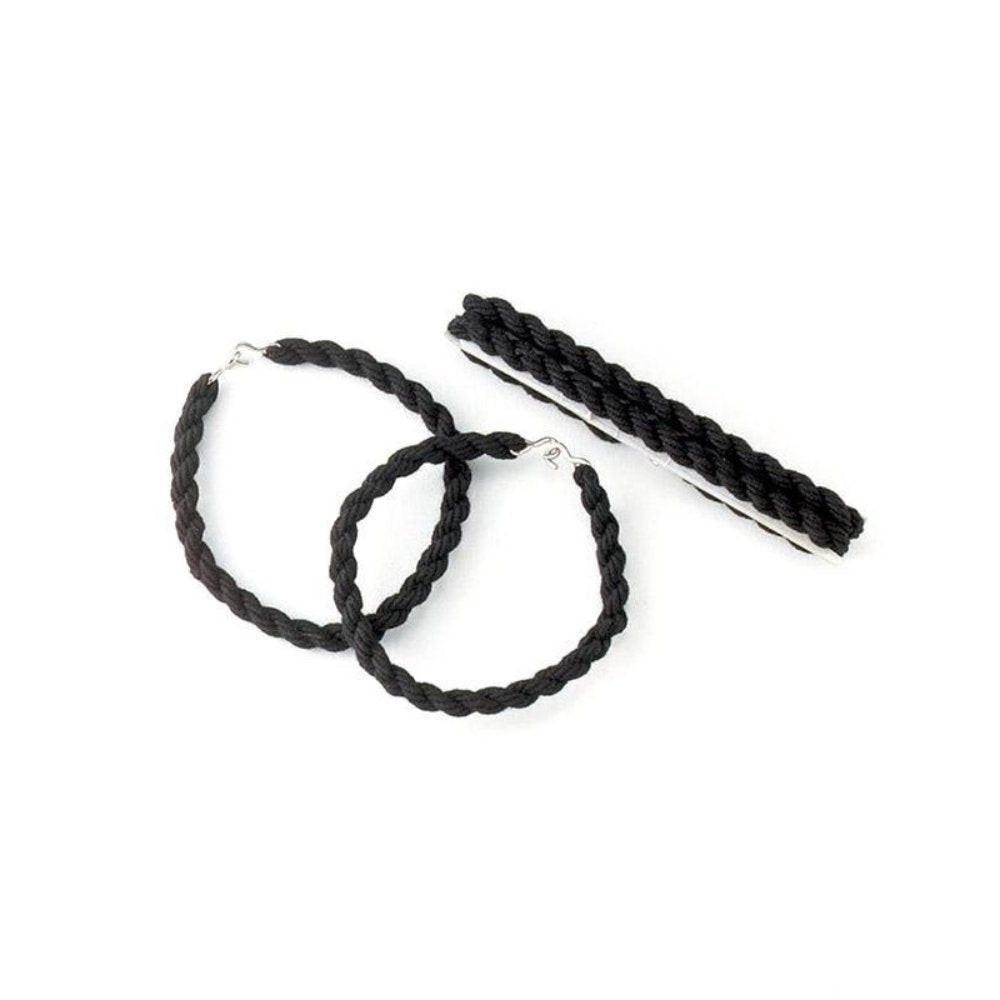 Black braided hoop earrings with silver-tone metal clasps, shown on a plain white background alongside a matching black braided hair tie or hair extension piece.