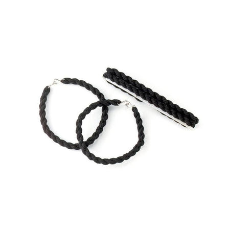 Black braided hoop earrings with silver-tone metal clasps, shown on a plain white background alongside a matching black braided hair tie or hair extension piece.
