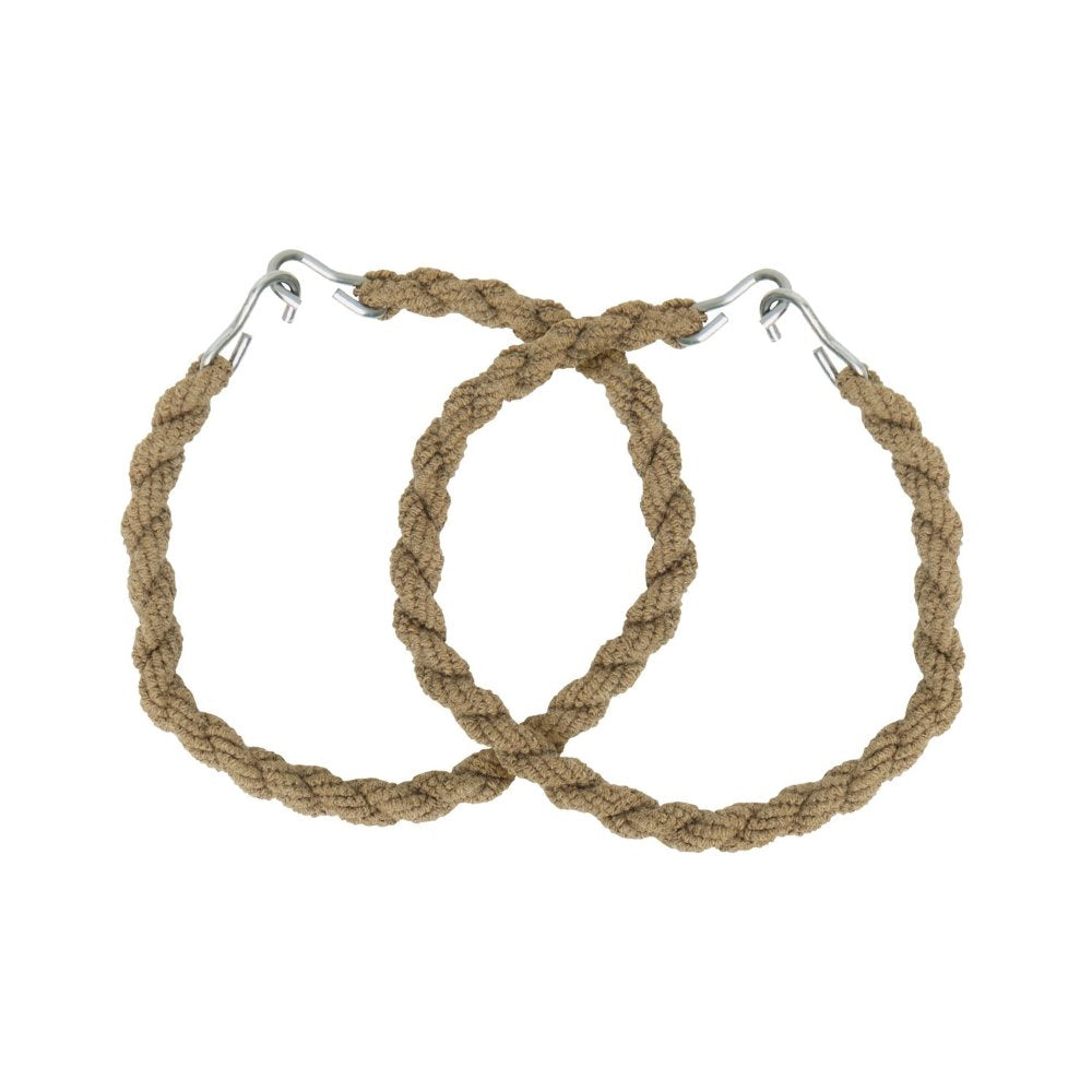 Two braided rope hoop earrings in a natural tan color, connected at the top by silver metal rings with safety pins, shown on a plain white background.