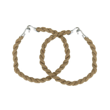 Two braided rope hoop earrings in a natural tan color, connected at the top by silver metal rings with safety pins, shown on a plain white background.
