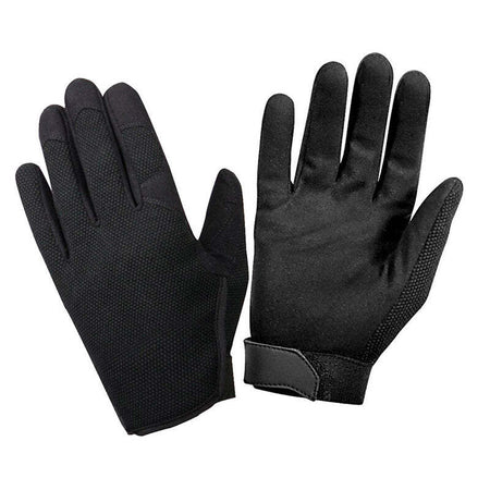 A pair of black touchscreen-compatible gloves, showing both the back of one glove with textured grip panels and the palm of the other glove with a black wrist strap, on a solid white background.