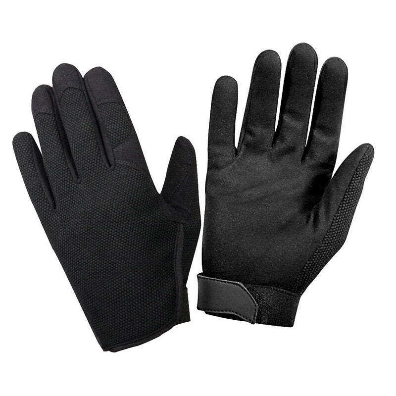 A pair of black touchscreen-compatible gloves, showing both the back of one glove with textured grip panels and the palm of the other glove with a black wrist strap, on a solid white background.