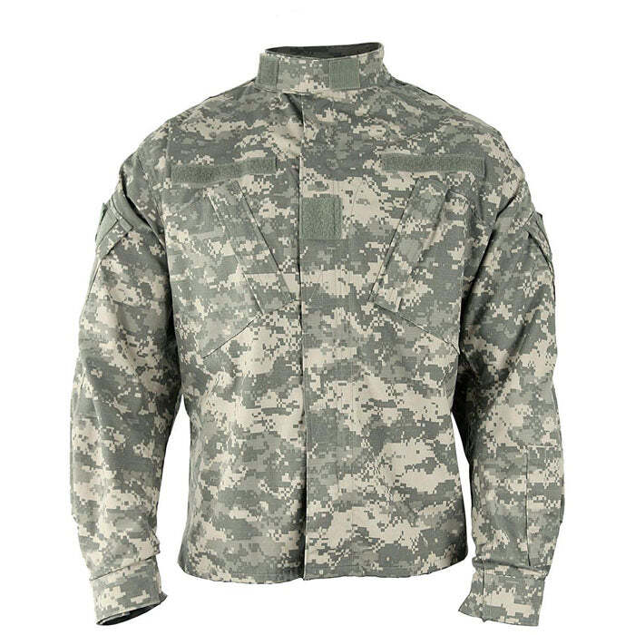 A long-sleeve military combat utility jacket in the Universal Camouflage Pattern (UCP), featuring a digital pixelated design in shades of green, gray, and beige, with a stand-up collar and front button closure.