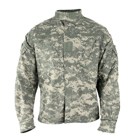 A long-sleeve military combat utility jacket in the Universal Camouflage Pattern (UCP), featuring a digital pixelated design in shades of green, gray, and beige, with a stand-up collar and front button closure.