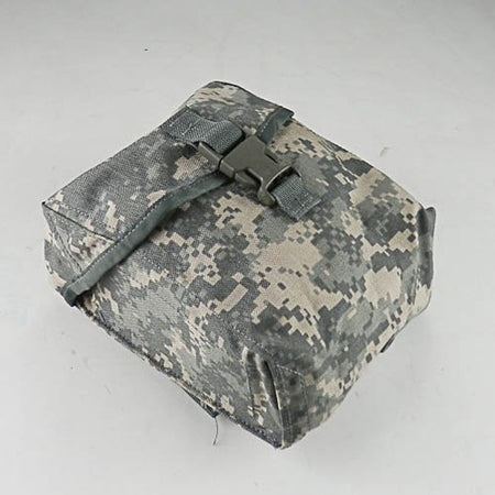 A tactical utility pouch in digital camouflage fabric, featuring a strap and plastic buckle closure, photographed on a neutral light gray background.