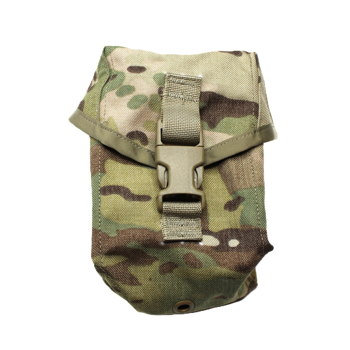 A tactical utility pouch in MultiCam camouflage pattern, featuring a flap closure secured by a tan webbing strap and plastic quick-release buckle, shown on a plain white background.