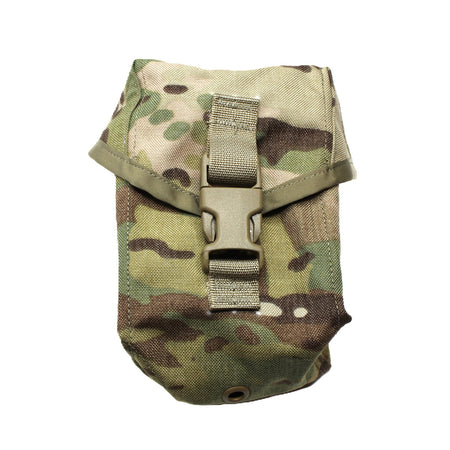 A tactical utility pouch in MultiCam camouflage pattern, featuring a flap closure secured by a tan webbing strap and plastic quick-release buckle, shown on a plain white background.