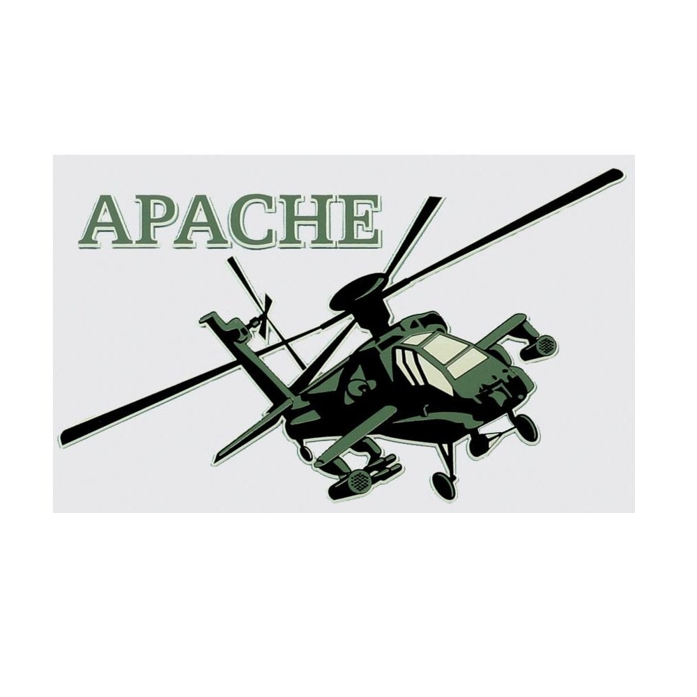 Green helicopter with 'APACHE' text on a white background