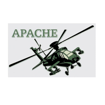 Green helicopter with 'APACHE' text on a white background