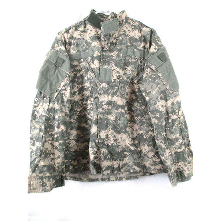 USGI FRACU ACU Digital Camouflage Combat Uniform Jacket - Used in digital camouflage pattern, featuring a high collar, front button closure, and multiple utility pockets, laid flat against a white background.