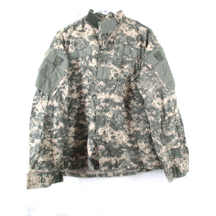 USGI FRACU ACU Digital Camouflage Combat Uniform Jacket - Used in digital camouflage pattern, featuring a high collar, front button closure, and multiple utility pockets, laid flat against a white background.