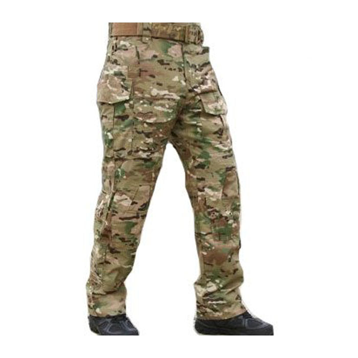 A pair of tactical cargo pants in a multicam camouflage pattern, shown on a headless mannequin or model from the waist down, paired with black boots against a plain white background.