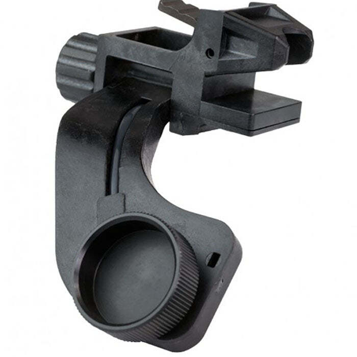 A black plastic mounting clamp or scope holder with a threaded ring, shown on a plain white background.
