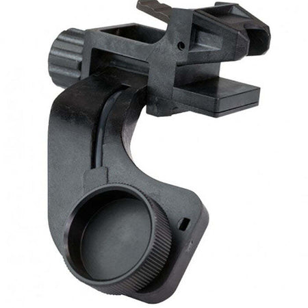 A black plastic mounting clamp or scope holder with a threaded ring, shown on a plain white background.
