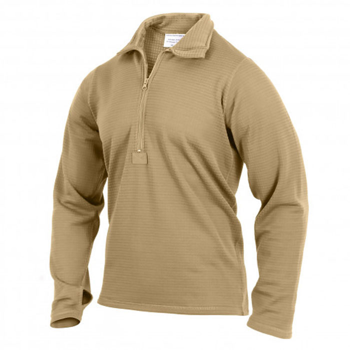 A tan quarter-zip pullover fleece with a stand-up collar, shown on a plain white background.