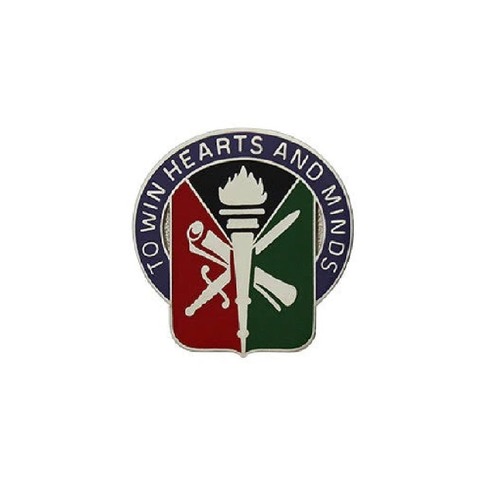 403rd Civil Affairs Battalion Unit Crest  Badge with the text 'TO WIN HEARTS AND MINDS' around a shield design split into red and green sections, with a white torch and crossed rifles in the center.