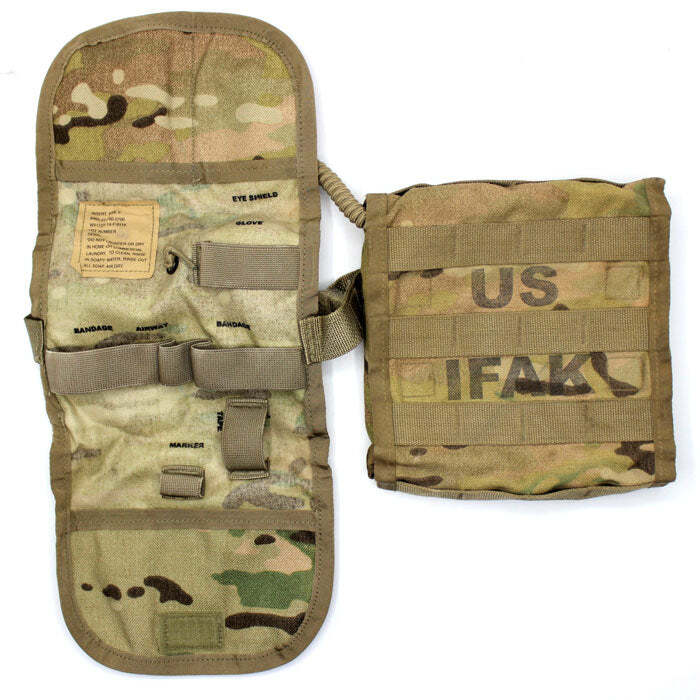 Two tactical utility pouches in camouflage fabric, one shown open with multiple compartments and straps, and the other closed with 'US IFAK' printed on the front, photographed on a white background.