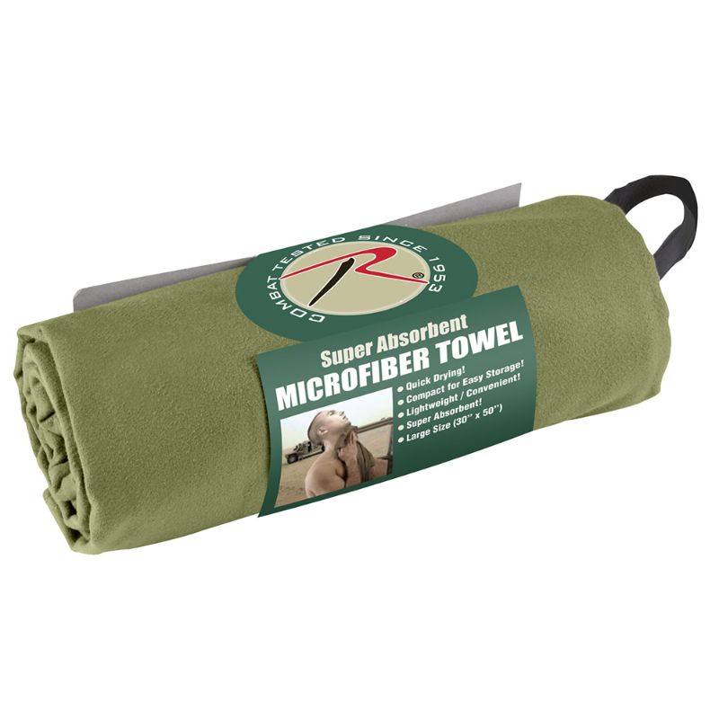 An olive green rolled microfiber towel with a black carrying loop and a green paper label that reads 'Super Absorbent MICROFIBER TOWEL' and 'COST A LIVING SINCE 1993'.