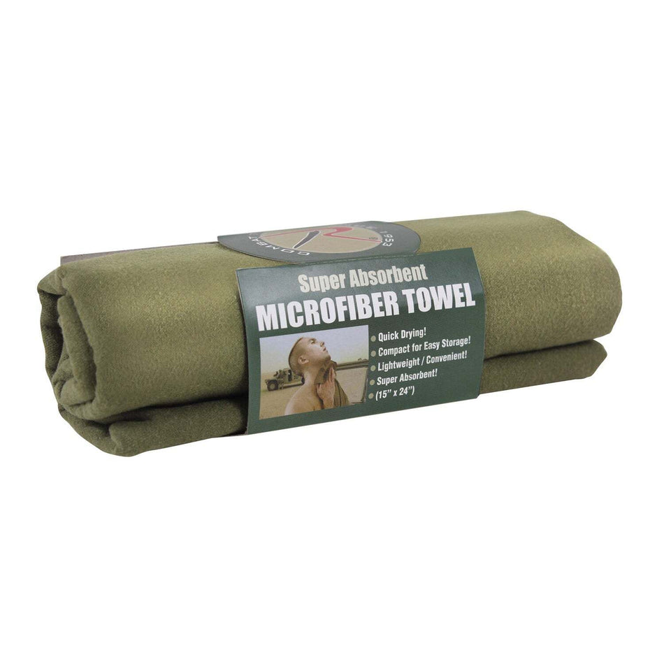 An olive green microfiber towel rolled up with a dark green paper label that reads 'Super Absorbent MICROFIBER TOWEL' on a white background.