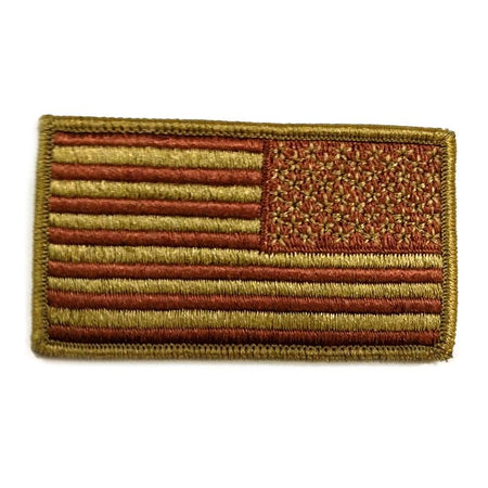 An embroidered American flag patch in a monochromatic olive drab, brown, and rust red color scheme, shown flat against a plain white background.