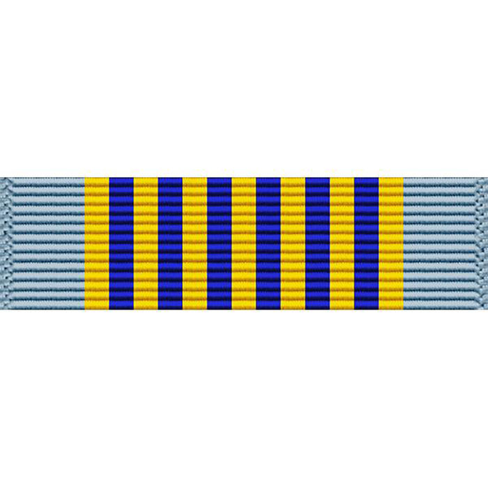Airmans Medal For Heroism Ribbon with horizontal rows of light blue and dark blue stripes, interrupted by four wide yellow vertical stripes, centered on a white background.