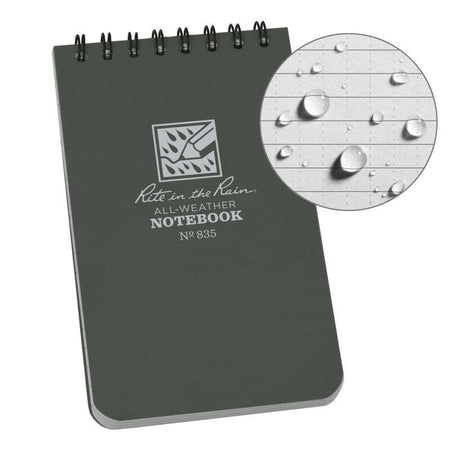 Black notebook with 'Rite in the Rain' logo and water droplet illustration on a white background