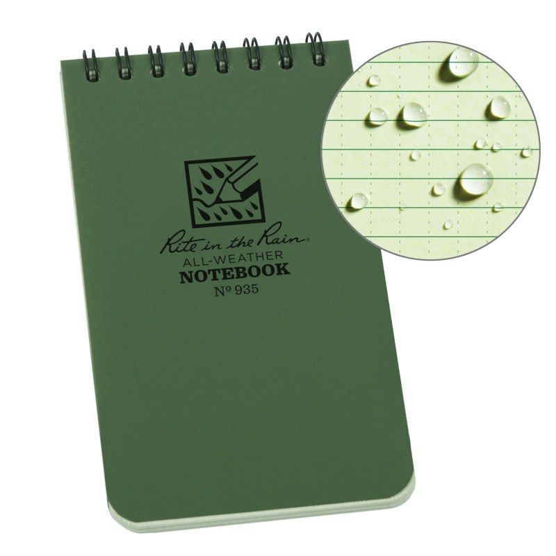 Green notebook with 'Rite in the Rain' branding and water droplet detail on a white background