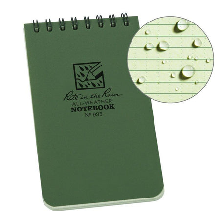 Green notebook with 'Rite in the Rain' branding and water droplet detail on a white background