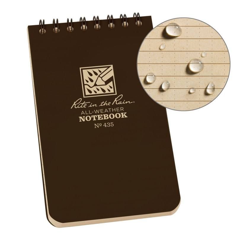 Brown notebook with 'Rite in the Rain' logo and text, showing water resistance on a close-up inset.