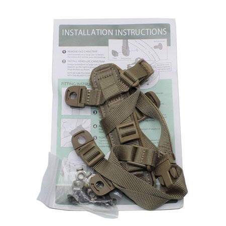 A tactical harness kit with olive drab webbing straps, quick-release plastic buckles, and mounting hardware, displayed on top of its printed installation instructions sheet against a white background.