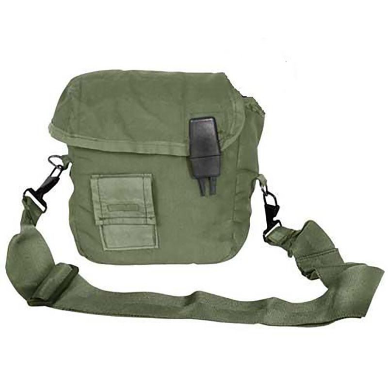 An olive green canvas messenger bag with a front flap pocket, black plastic buckle, and an adjustable shoulder strap, shown against a plain white background.