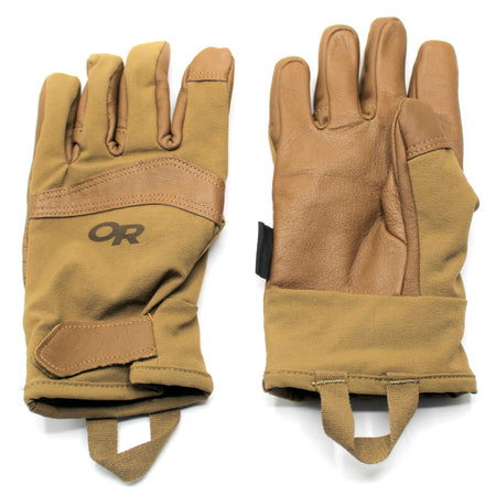 A pair of tan OR gloves shown front and back on a white background. The left glove is shown from the back, featuring a tan leather back, a tan wrist strap, and a black 'OR' logo on the back of the hand.