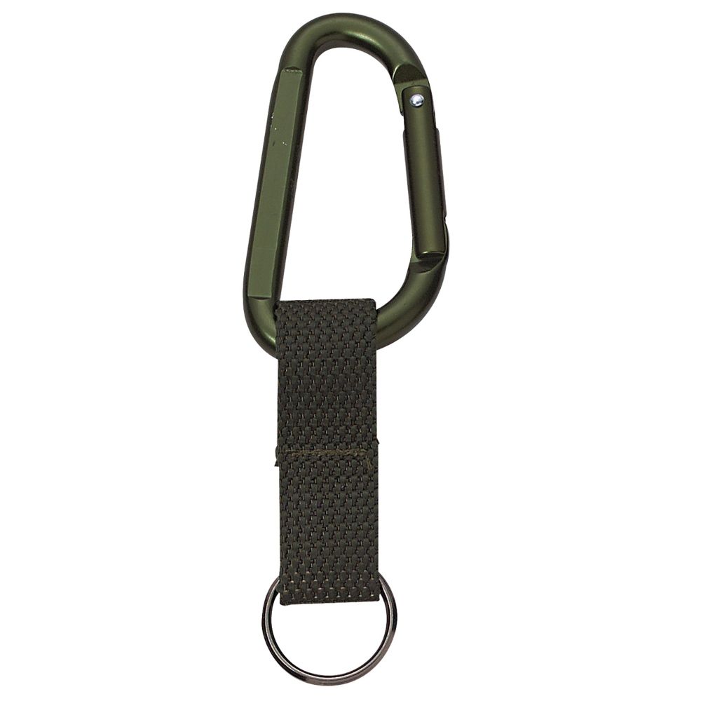An olive green carabiner keychain with a textured black webbing strap and a silver metal key ring, shown against a plain white background.