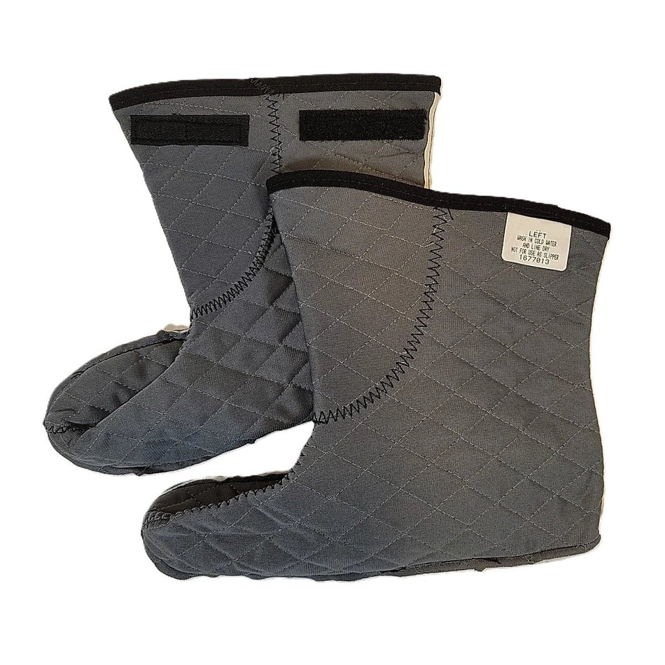 A pair of dark gray quilted Bootie Inserts with black trim and a white size label, displayed on a clean white background.