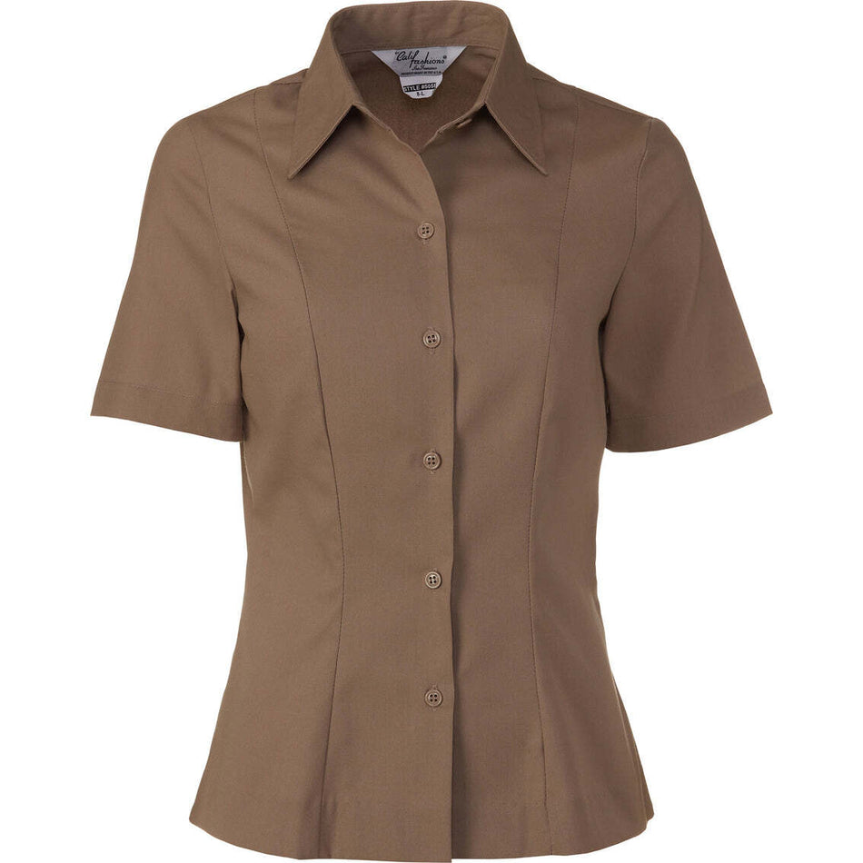 AGSU Female Short Sleeve Dress Shirt in a solid medium brown color, shown on a plain white background.