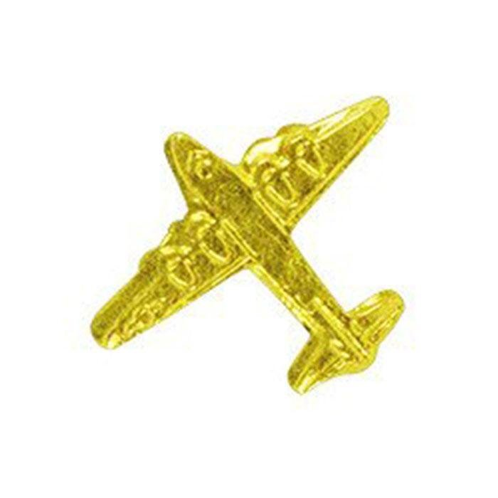 A small metallic gold airplane charm or pendant on a plain white background.