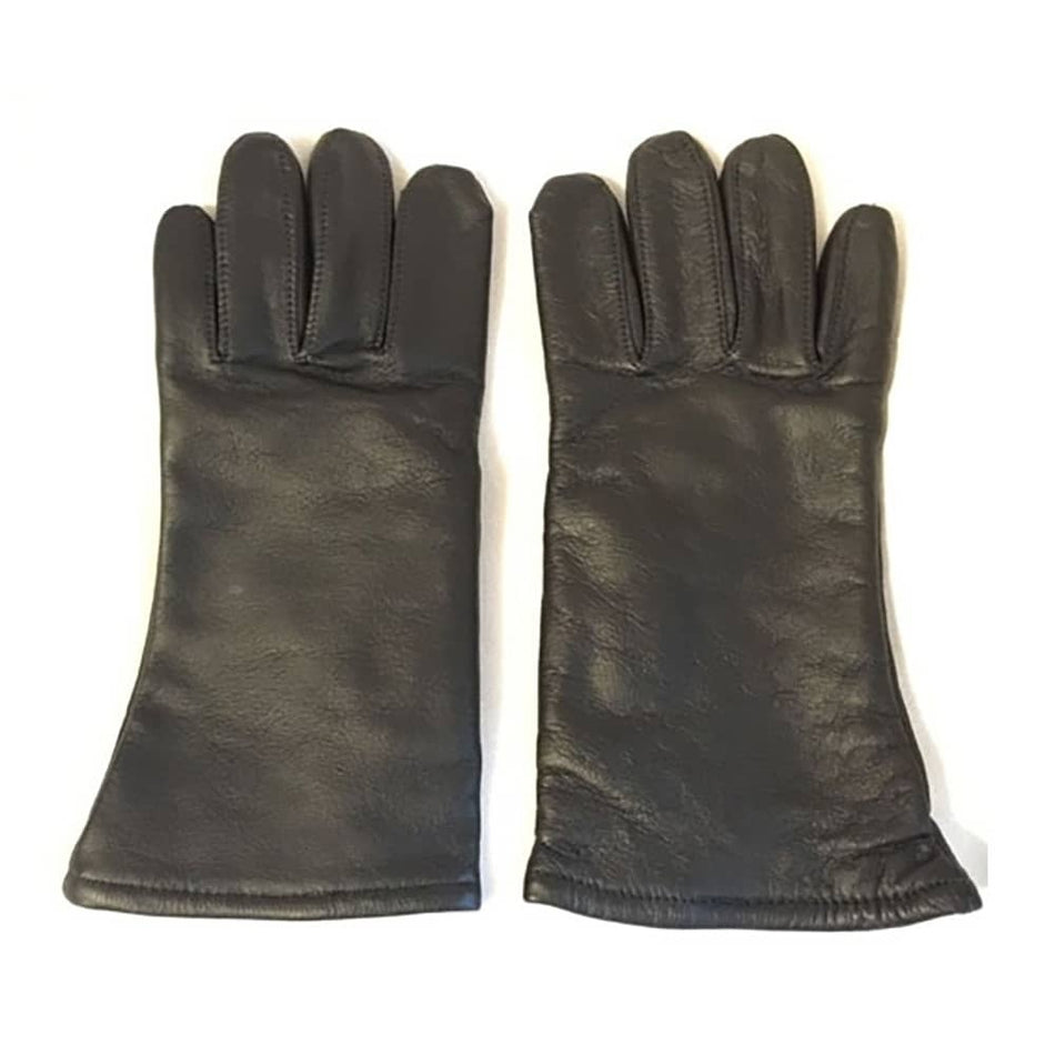 A pair of black leather gloves laid flat side-by-side on a white background.