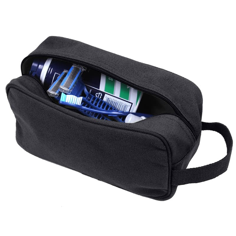 Black Canvas Travel Military Dopp Kit open showing personal items