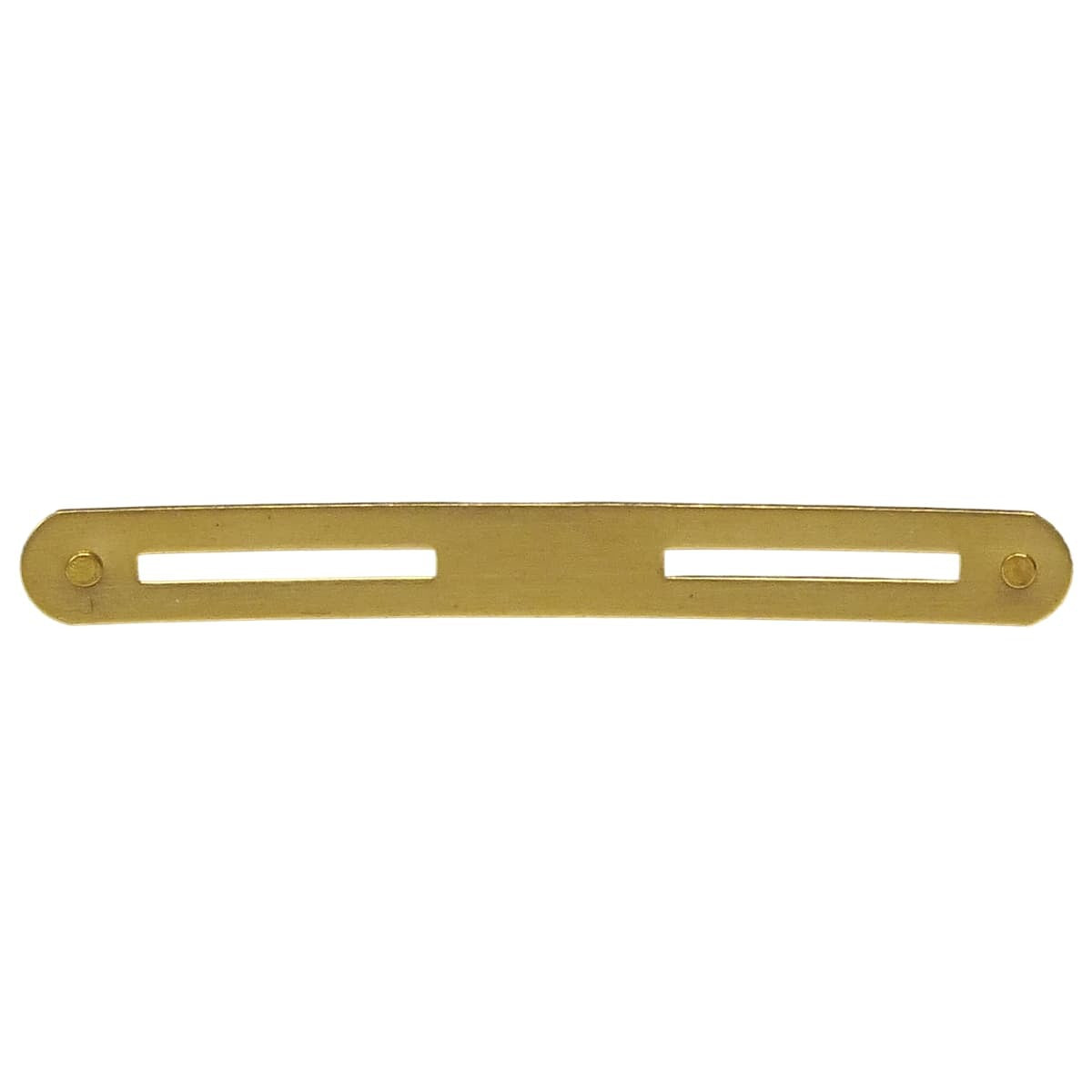 A gold-colored metal bar with two rectangular cutouts and two small screw holes, shown horizontally on a plain white background.