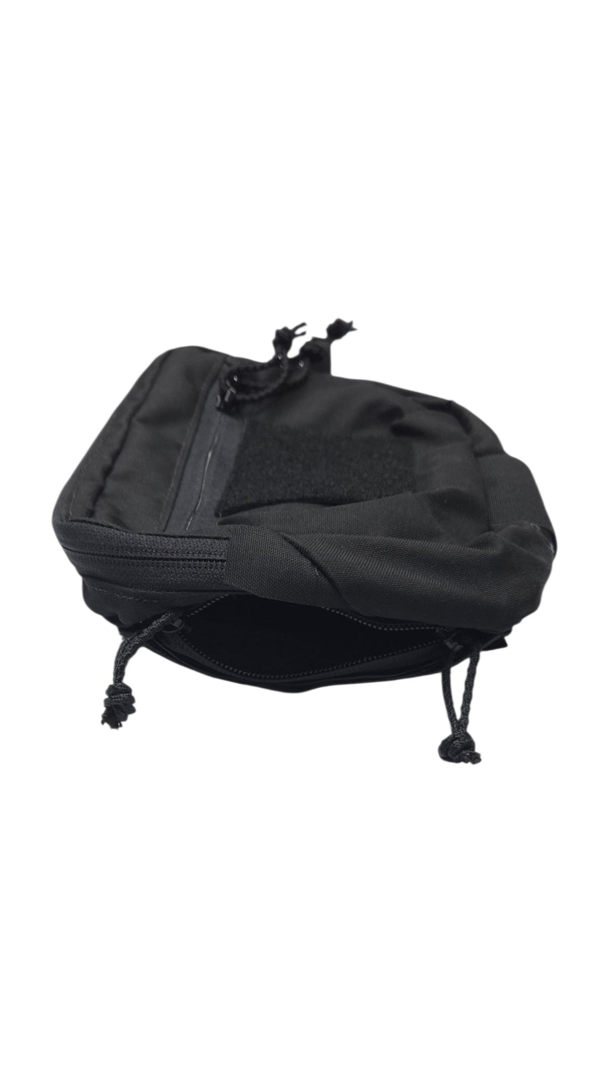 A black tactical utility pouch with a zipper closure, Velcro patch area, and drawstring cords, shown on a plain white background.