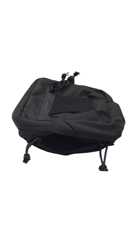 A black tactical utility pouch with a zipper closure, Velcro patch area, and drawstring cords, shown on a plain white background.