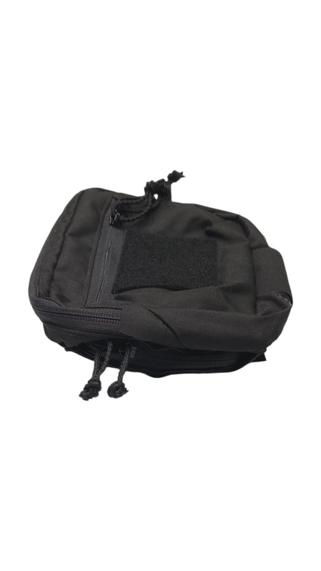 A black tactical utility pouch with a front zipper, hook-and-loop velcro panel, and drawstring cords, shown on a plain white background.