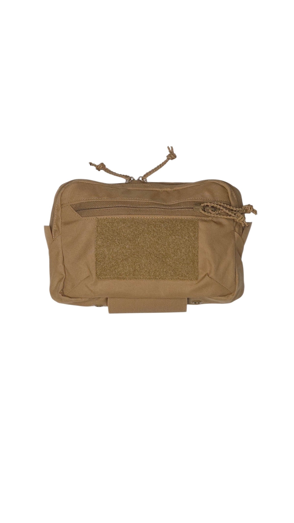 A tan tactical pouch with a front zipper pocket, a large velcro patch area, and a top drawstring closure, shown against a plain white background.